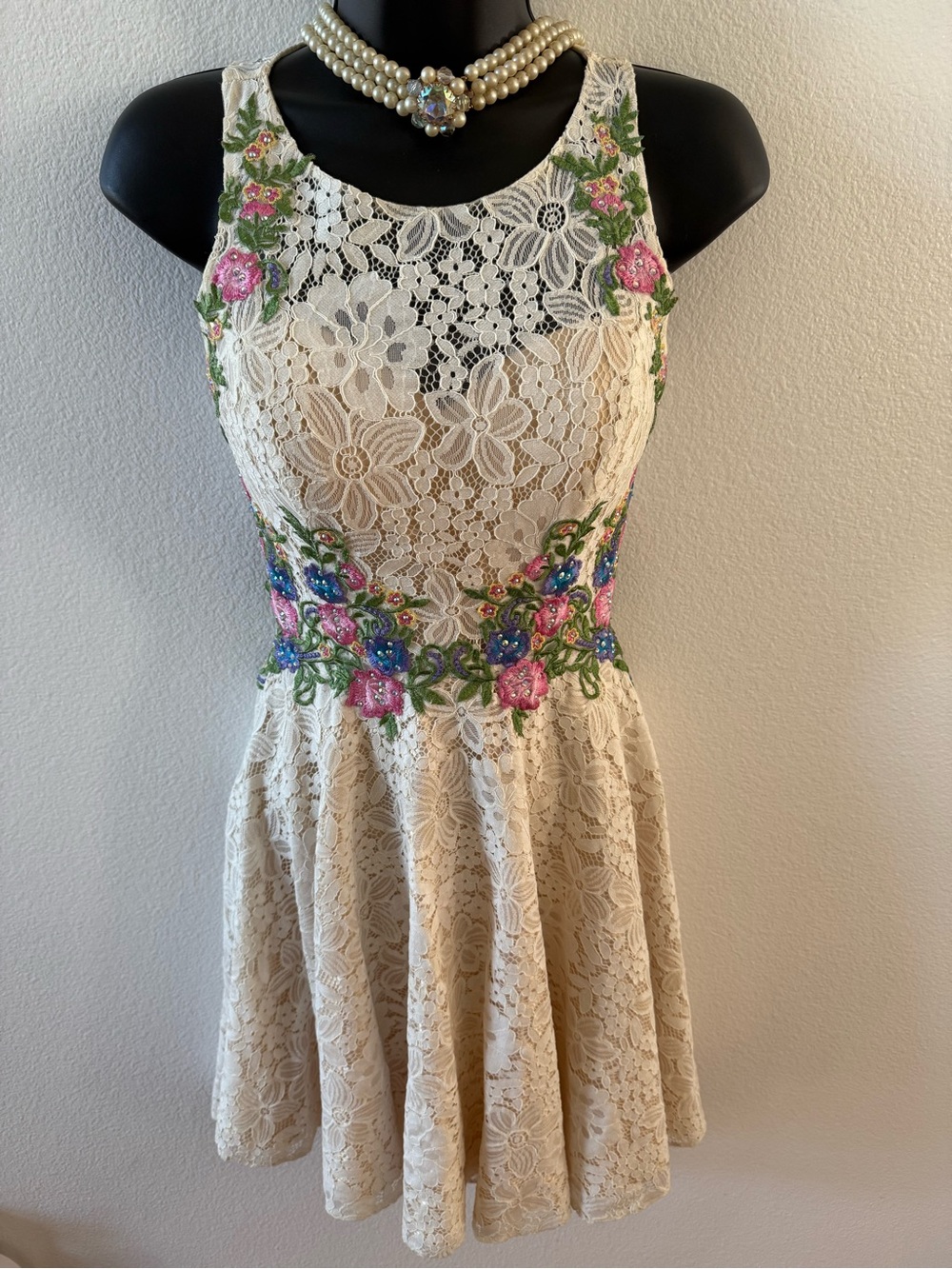 Narianna Vintage Beige Lace Floral Embroidered Fit & Flare Dress Size XS